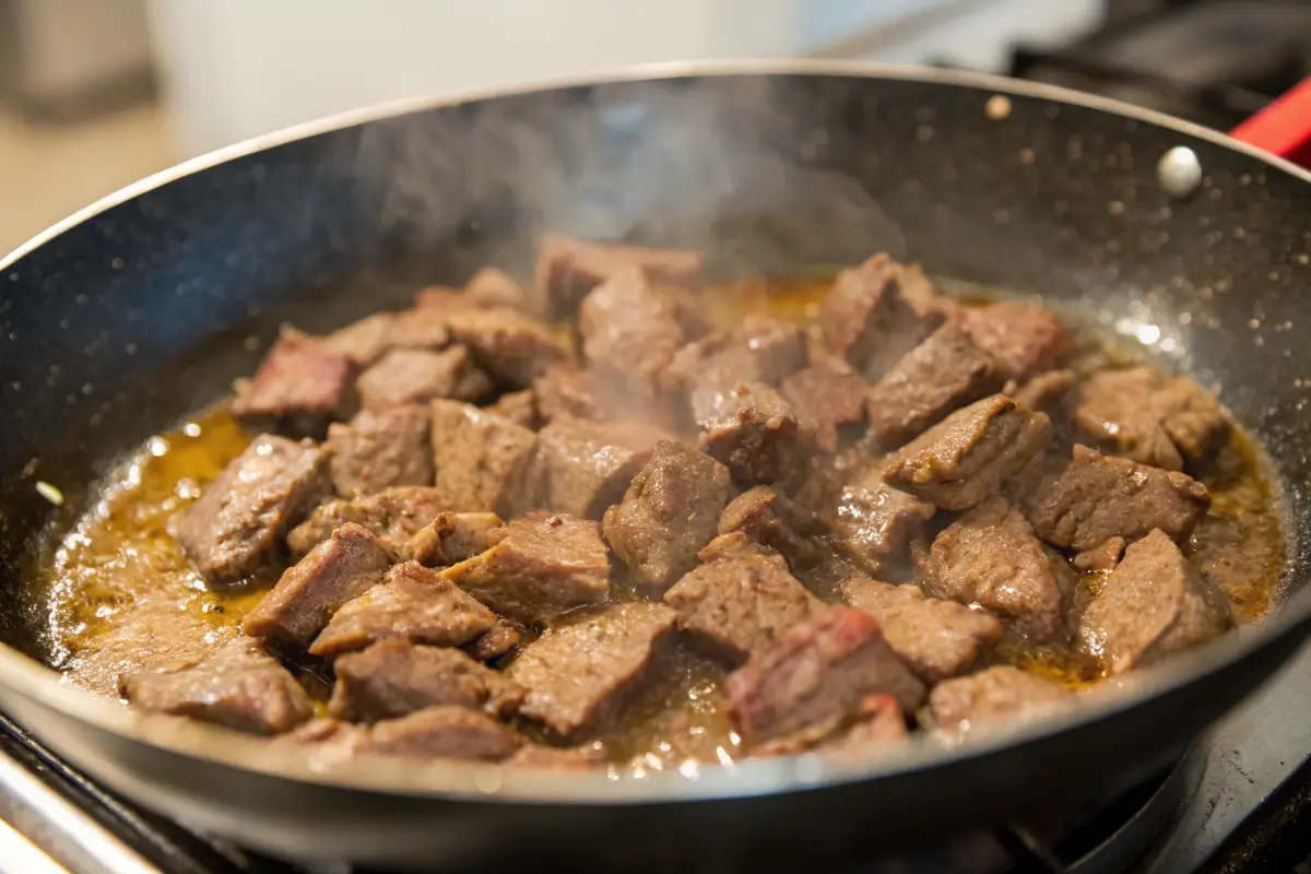 beef-cooked-for-stroganoff-no-mushrooms Beef being cooked for Stroganoff without mushrooms