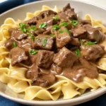Plate of Beef Stroganoff served without mushrooms
