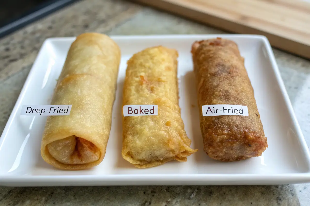 frying-vs-baking-vs-airfrying-egg-rolls Comparison of frying, baking, and air frying goat cheese jalapeño egg rolls