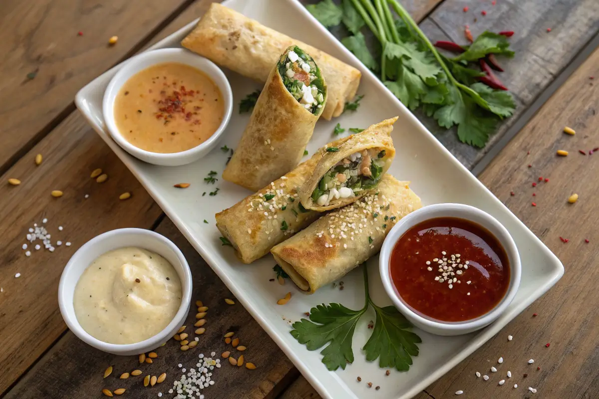 goat-cheese-jalapeno-egg-rolls-dipping-sauces Crispy egg rolls with goat cheese jalapeño filling served with dipping sauces