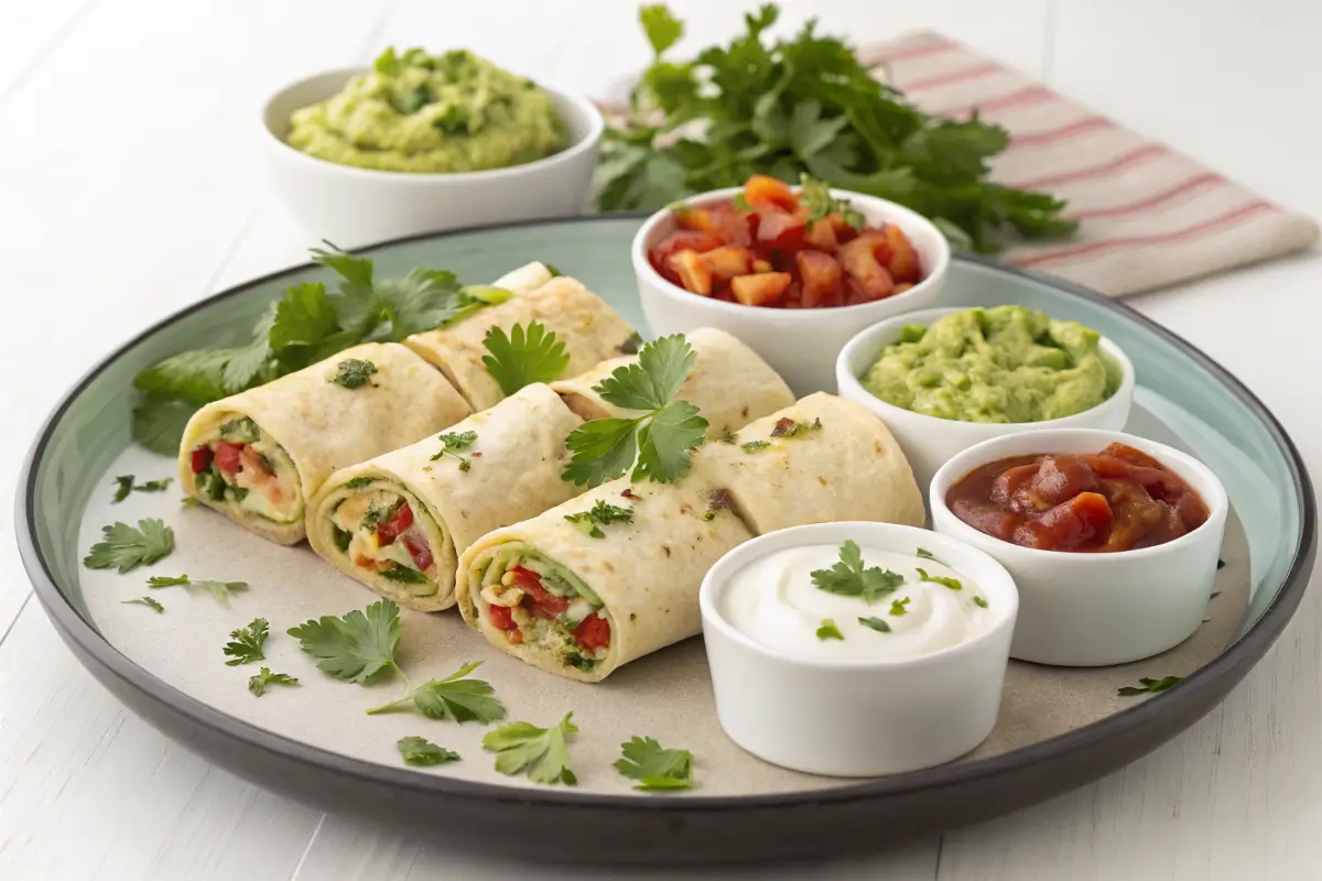 tortilla-roll-ups-dips Tortilla roll ups served with dips like salsa and guacamole.